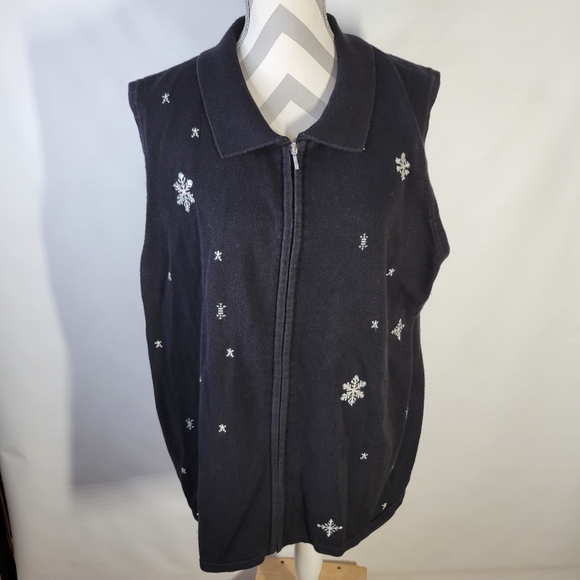Allison Daley Black Sweater Vest Embroidered Snowflakes Zip Front Size 3X Winter - Picture 2 of 9